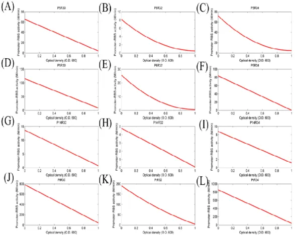 Figure 7: The activity of different promoter-RBS devices changed with cell  density (O.D