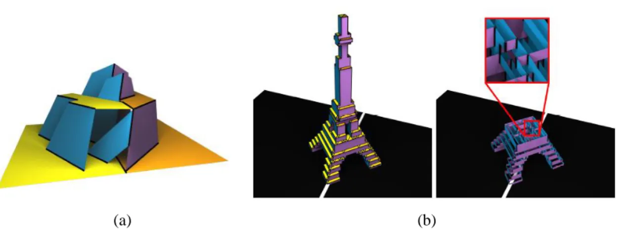Figure 2.1: V-style pop-up [15]. (a) A v-style pop-up in fully opened state. (b) The Eiffel Tower  pop-up constructed by automated algorithm