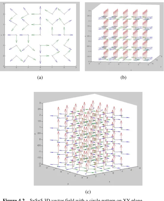 Figure 4.2    5×5×5 3D vector field with a circle pattern on XY plane                      (a) XY plane      (b) and (c) are three axes at each point 