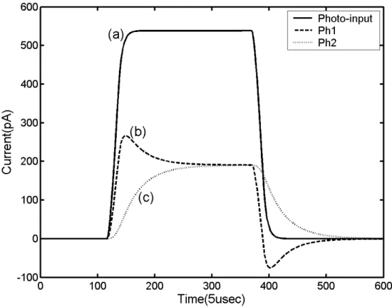 Fig. 7. The transient simulated result of the CNN model. (a) The input signal, (b) the  output of PH1, (c) the output of PH2
