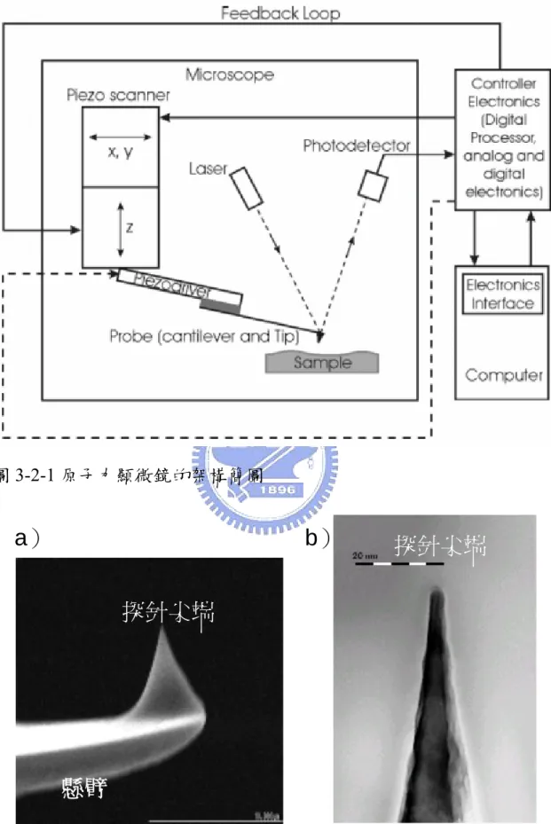 圖 3-2-1 原子力顯微鏡的架構簡圖  圖 3-2-2 掃瞄式電子顯微鏡（SEM）下探針的形貌 a）為探針懸臂於 探針尖端的形貌，而 b）為探針尖端的放大圖 懸臂 探針尖端  探針尖端 a） b） 