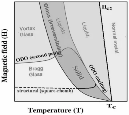 Figure 1.6: Phase diagram of vortex matter: The complixity of the phase diagram is due to the influence of thermal fluctuations, disorder and anisotropy.