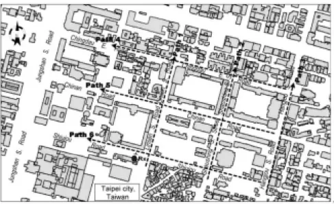 Fig. 1-2 Layout of six measured routes in Taipei city. The arrow direction of Rx shows the  mainbeam direction of the ULA