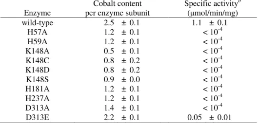 Table  3.  The  specific  activity  and  metal  content  of  the  cobalt-reconstituted  hydantoinase and mutants a