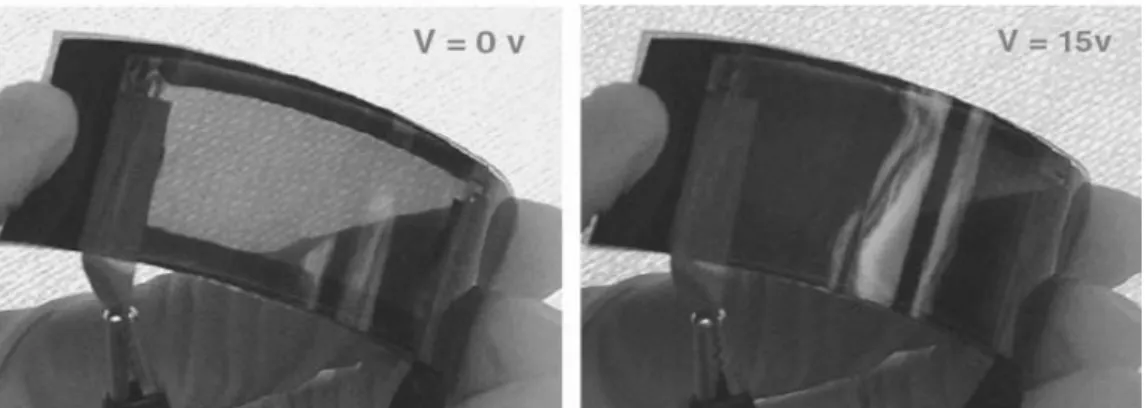 圖 2.6 可撓式塑膠基板彎曲測試(a)0 V (b)15 V  2.5.2  高反應速度液晶  相分離技術並可應用於提升液晶之反應速度[28]，由於要利用 spacer 將液晶 層厚度控制在 1μm 以下並不容易，利用 E7 與 NOA65 混合，將 E7 與 NOA65 調整混 合比例為 1:3，經過相分離形成 PSCOF 結構，可以將液晶層厚度降低 1/3。  圖 2.7 為使用 3μm spacer所組成的液晶盒，將液晶混合濃度調整為 35wt% 後，經相分離所形成的聚合物層為 0.9μm。由於液晶
