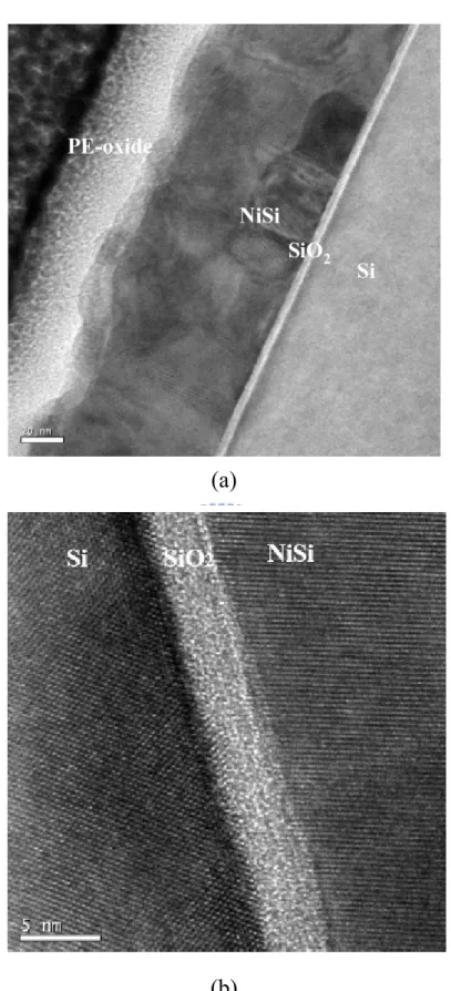圖 3-4 矽化鎳薄膜的 TEM 圖。(a)  矽化鎳薄膜，(b)  矽化鎳/二氧化矽 之界面。 