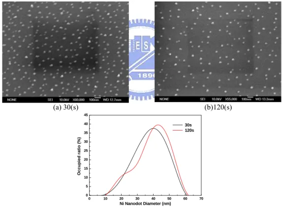 Fig. 2.2 SEM images of Ni nanodots after annealing for 30s and 120s at 850℃ shown in 2.2(a) and  2.2(b)
