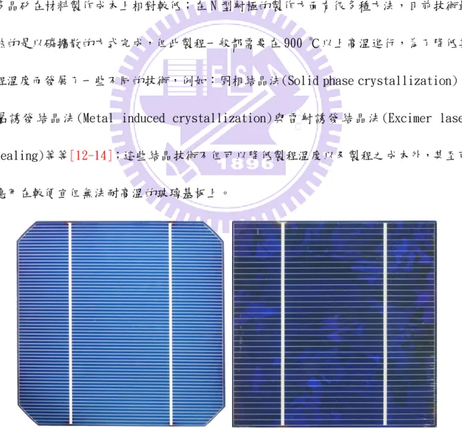 圖 1-1-4. 單晶矽與多晶矽太陽能電池的實圖，左邊為單晶矽，右邊為多晶矽。 