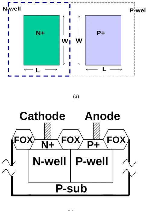 Fig. 2.1    (a) Top view and (b) cross-sectional view of P-well/N-well diode in a SiGe  BiCMOS process