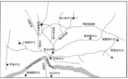 圖 3 石角十個港門華文小學與華文獨立中學位置圖 19 資料來源：根據杜明， 2008 底圖重繪 圖 4 古晉—石隆門—西連地區的客屬方言群體分佈圖 20 資料來源：根據龔宜君（ 2004）底圖重繪 19  重繪自華校春秋第六十六期電子檔，甲港中公篇的圖，於 2008 年 6 月 16 日刊登在國       際時報。 20 陳琮淵、彭聖中，計畫主持人龔宜君（2004）行政院客家委員會獎助客家學術研究計     畫電子檔，《戰後砂拉越客家族群的社團組織與政治參與》。頁 16，根據該圖重繪。