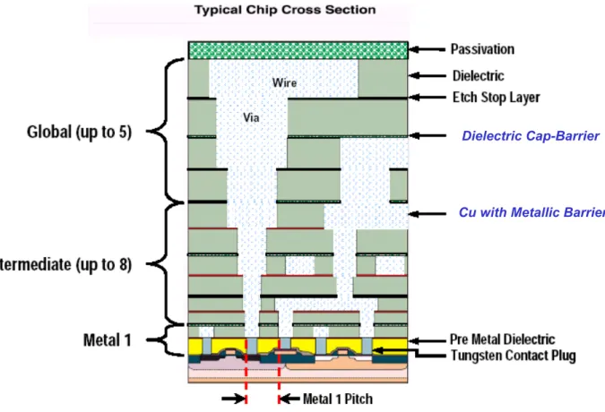 Fig. 1-3  Schematic cross-sectional view of a typical chip with the Cu metallization.   