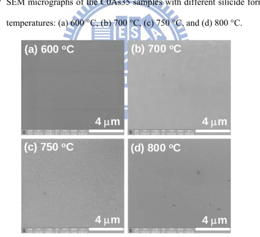 Fig. 2-18  SEM micrographs of the C1As35 samples with different silicide formation  temperatures: (a) 600 °C, (b) 700 °C, (c) 750 °C, and (d) 800 °C