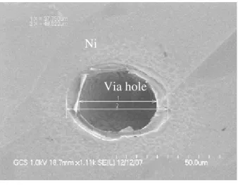 Figure  4.3  (a)  Top  view  of  40  µm  via  was  etched  and  10µm  undercut  was  obtained  when  the  etching  depth  is  50  µm