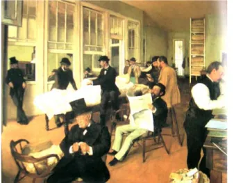 圖 07 竇加：《棉花管 理局 》油彩  73X92 公分  波城 美術館 域裏，攝影機給我們帶來了嶄新的境界。攝影對藝術和藝術對攝影的這種或那種的影響，在各自的 陣 營 中 都 有 劇 烈 的 爭論，並在出版界引起人們對每一次展覽都加以評述。 竇 加 (Degas,  Edgar 1834-1917)的繪畫 「 棉花 管理局「，1873 年。注意畫面上的強烈的透視感，特別是前景。這樣的透視和過分的剪裁(右邊的人物)，在繪畫 中 是 少 見 的 。 這 是 竇 加 (Degas, Edgar 1834-19