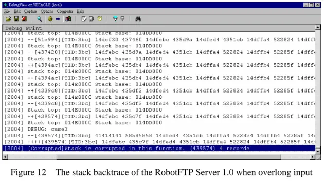 Figure 12    The stack backtrace of the RobotFTP Server 1.0 when overlong input 