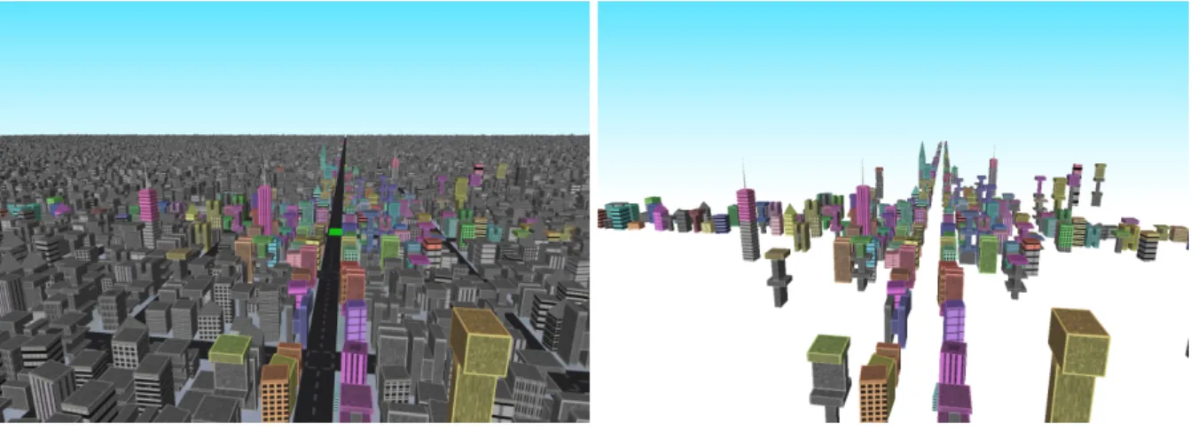 Figure 1.1: A complex urban scene. Left: Only a small part of the scene (colored part) is visible if the viewer is on the road (the green area)