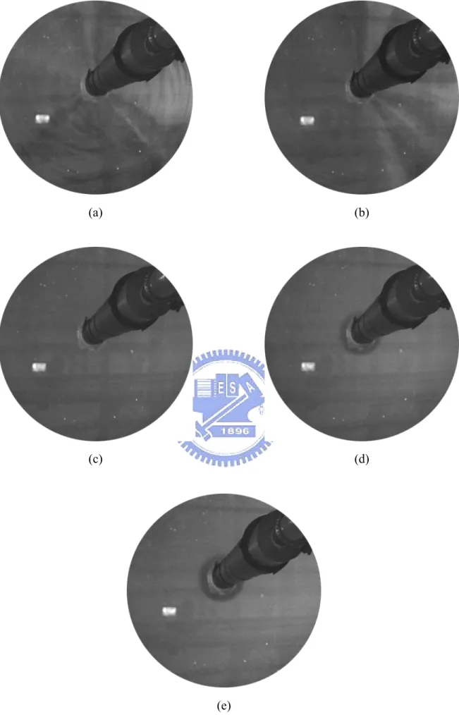 Fig. 4.29 Top view flow photos taken at midheight of the test section with Ra=1,470(ΔT=8 ) ℃  &amp; D j =20.0  mm at H=12.5 mm for Re j = (a)101, (b) 135, (c) 203, (d) 270, (e) 338, (f)406, (g) 473, (h)541, (i) 609,and  (j)676 