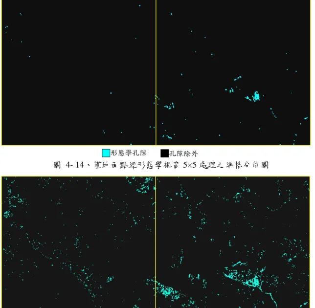 圖 4- 14、僅地面點經形態學視窗 5×5 處理之網格分佈圖  圖 4- 15、僅地面點經形態學視窗 3×3 處理之網格分佈圖  4.3.4 地面點法成果分析  觀察圖 4-14 與圖 4-15 不同視窗之樹冠孔隙成果，二者皆有過度平滑化 之現象，以至於大部份的樹冠孔隙網格被濾除，其中又以 3×3 視窗比 5×5 保留較多樹冠孔隙。  為分析不同成果網格之差異，由形態學視窗 3×3 處理之樹冠孔隙網 格，與僅地面點網格成果套疊比較後如圖 4-16(a)所示，其中僅地面點網格 原有較明顯的聚集現象之處，經形