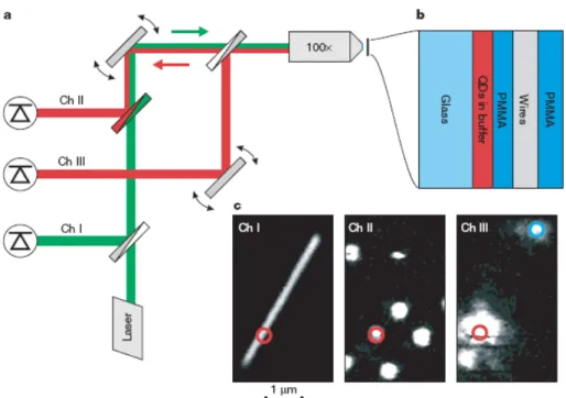 Fig. 1.3 Experimental set-up a, Three-channel confocal microscope with 532 laser  excitation source