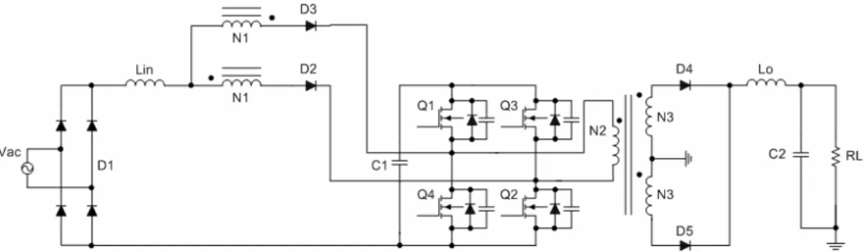 圖 3-3  加入額外變壓器線圈的單級全橋式交/直流電源轉換器          圖 3-3 電路應用在 660W，且輸入電壓為 220V 時，因加入額外的變壓 器線圈 回授儲能電容電壓 ，經由適當的調整變壓器 的比值，可 在輕載的時候，將儲能電容電壓的最大值保持在 450V/dc 以下。雖然加入 額外的變壓器線圈 可降低儲能電容電壓，但是此方法有ㄧ副作用，在輸 入的正弦電壓開始不為零時，電流仍會持續一段時間為零，如圖 3-4，此 時輸入電流不會流入轉換器中，這段時間稱為死帶(Dead Band)，這個副作