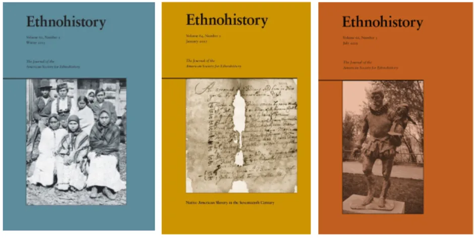 圖 1 《民族史》（Ethnohistory）期刊封面設計舉隅 資料來源：申請人製圖。原始資料來源為《民族史》（ Ethnohistory）期刊。左邊刊物為 2013 年冬出版的第 60 卷第 1 期；中間的是 2017 年 1 月出版的第 64 卷第 1 期；右邊的則 是 2019 年 7 月出版的第 66 卷第 3 期。 因此，在過去的這 12 期中，我們也就刊出了 12 張封面照片，並在 「編輯室報告」後，以至少 1 頁的篇幅，相對詳盡地說明這張照片的旨 趣。關於其中 3 期的封面，可以參考「圖 2 