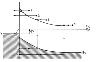 Fig. 2.3 The mechanisms of current transport in forword-biased Schottky contect 