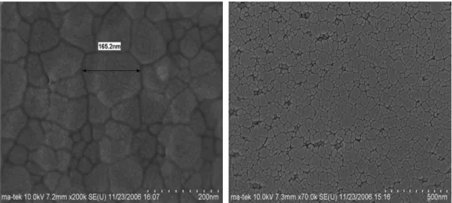 Fig. 3-7: The SEM images after secco etching of 100 nm thick a-Si annealed by FLA  that irradiated with 50 fs pulses, laser pulses fluence about 51 mJ/cm 2  and an  interpulse overlapping of 95% (20 laser shots)
