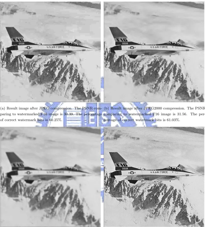 Figure 4.7: The result images of applying four common image processing operations on watermarked F16 image.