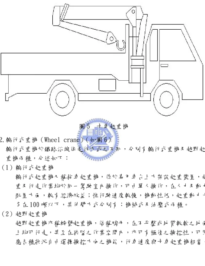 圖 5  卡車起重機  2.輪行式重機（Wheel crane）（如圖 6）  輪行式重機於鐵路沿線依走行方式之不同，分別有輪行式重機及越野起 重機兩種，分述如下：  （1）輪行式起重機  輪行式起重機又稱拖車起重機，係於專用車台上方架設起重裝置，起 重及行走作業均於同一駕駛室內操作，可由單人操作，在人力及動力 配置方面，較有經濟效益；惟行駛速度較慢，機動性低，起重動力大 多在 100 噸以下，其伸臂方式分別有：機械式及油壓式兩種。  （2）越野起重機  越野起重機亦稱螃蟹起重機，俗稱鴨母，在不平整或地質較