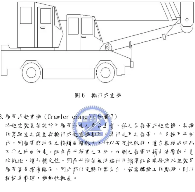 圖 6  輪行式重機  3.履帶式起重機（Crawler crane） （如圖 7）  將起重裝置架設於用履帶行走之車台上者，稱之為履帶式起重機，其操 作駕駛室之設置與輪行式起重機相同。其行走用之履帶，大多採用平板 式，因履帶與地面之接觸面積較大，所以安定性較好，適合軟弱或凹凸 不平之地面行走。配合吊升荷重之不同，兩側之履帶可藉由油壓動力更 改軌距，增加穩定性。因吊升桁架無法進行伸縮須配合現場狀況組裝另 履帶容易損傷路面，因此都以定點作業為主，若需轉換工作點時，則以 拖板車載運，機動性較差。 