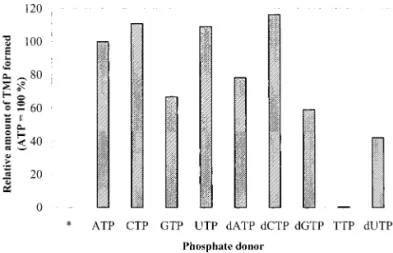 FIG. 3. Relative amounts of TMP formed with different phosphate donors (as labeled) or without any phosphate donor (*) in the TKactivity assay for rWSSV-TK-TMK