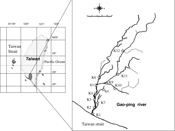Fig. 1. The study areas and sampling locations in the Gao-ping River, Taiwan.