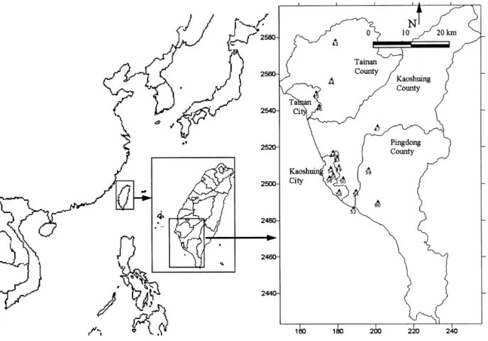 Fig. 1. Locations of the monitoring staions over southern Taiwan (Taiwan, ROC).