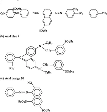 Fig. 1. Molecular structures of acid dyes used in this study: (a) acid or- or-ange 51, (b) acid blue 9, and (c) acid oror-ange 10.