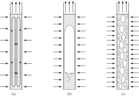 Figure 3. Flow patterns of boiling inside the vertical pipe: (a) natural convection, (b) geyser boiling, and (c) nucleate boiling.