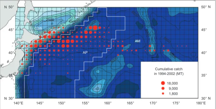 Fig. 1. Spatial distribution of the cumulative catch for Pacific saury during 1994-2002 in the northwestern Pacific from Taiwanese saury fishery with relevant bathymetric contours