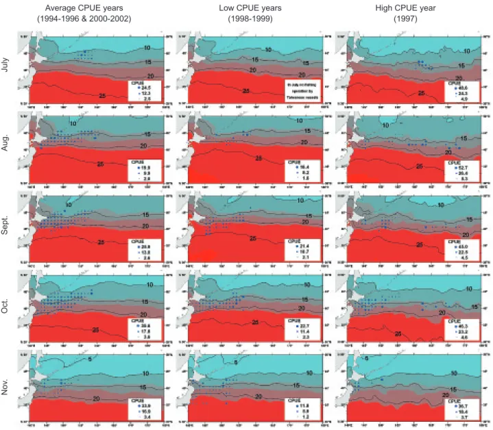 Fig.  3. Monthly  geographical  distributions  of  aggregation  and  abundances  of  the  Pacific  saury  catch  per  unit  effort  (CPUE,  metric tons/d/vessel) and sea surface temperature (SST, 