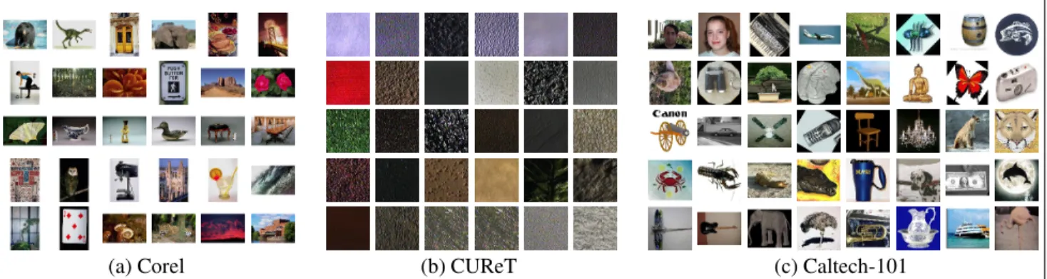 Figure 3. 100 image categories. (a) 30 categories from Corel, (b) 30 categories from CUReT, and (c) 40 categories from Caltech-101.