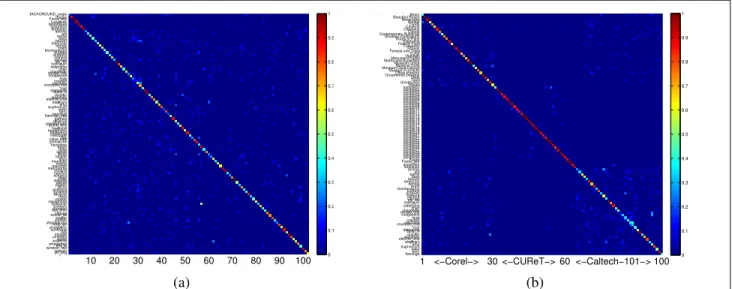 Figure 4. The confusion tables by our method on two different datasets. (a) Caltech-101