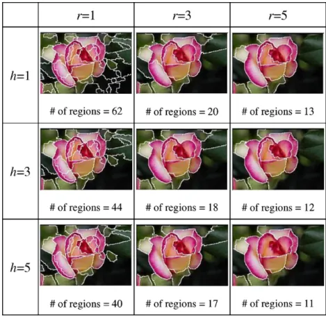 Fig. 4. Watershed segmentation controlled by the scaling parameters r and h.