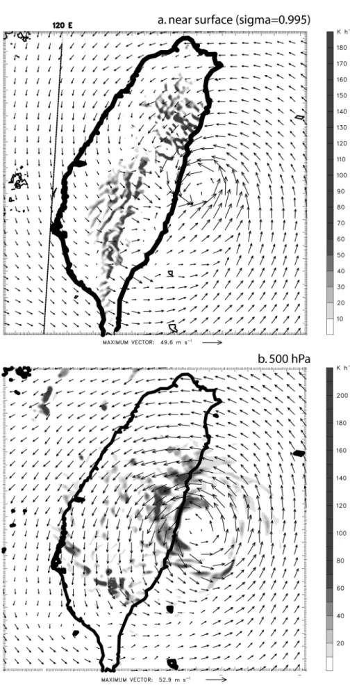 Figure 13. Model-derived wind vectors and condensational heating (K h 1 ) at 1300 UTC 29 July 2001.