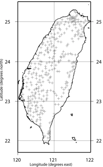 Figure 2. Locations of 326 rain gauges operated by the Taiwan Central Weather Bureau.