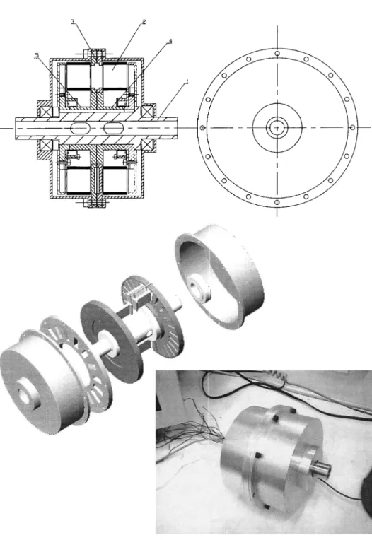 Figure 1. The cross-sectional view, explosive graph, and prototype of axial-ux disc-type wheel motor (1-wheel axle, 2-stator teeth, 3-rotor disk, 4/ 5-positioning axle sleeve).