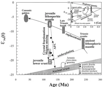 Fig. 9. Plot of ␧ Nd (t) vs. Age (Ma) for mafic enclaves and host granitoids from the Gudaoling batholith, compared with Jurassic  gran-ites, shows the lithospheric evolution of the Liaodong Peninsula