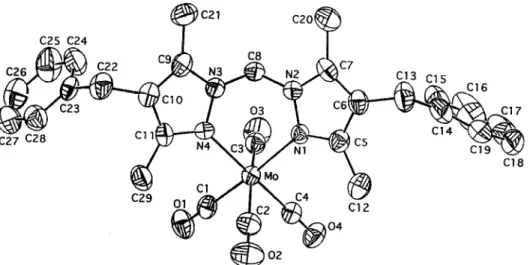 Fig.  4.  ORTEP  drawing  of  [Mo(H,C(3,5-Me,;4-BzPz),)(CO),]  (3).  Thermal  ellipsoids  are  drawn  at  the  50%  probability  level