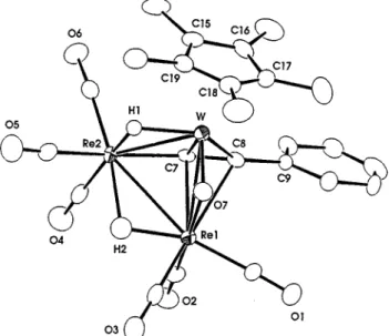 Figure 3. Molecular structure of Cp*WRe 2 (µ-O)(µ-H) 2 - -(CCPh)(CO) 6 (5a) and selected bond lengths (Å) and angles (deg): Re(1) - Re(2) ) 3.0412(5), Re(1) - W ) 2.8652(6),  Re-(2) - W ) 2.9918(6), W - O(7) ) 1.765(6), Re(1) - O(7) ) 2.286(5), W - C(7) ) 