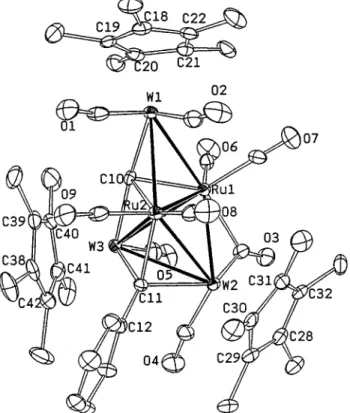 Figure 1. Molecular structure of Cp* 3 W 3 Ru 2 (µ 4 -C)(µ 3 - -CPh)(CO) 9 (5) showing the atomic labeling scheme and the thermal ellipsoids at 30% probability level.