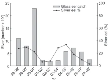 Fig.  2.    Annual  glass  eel  catch  in  relation  to  the  relative  abundances of silver stage eels from 1998-1999 to 2007-2008