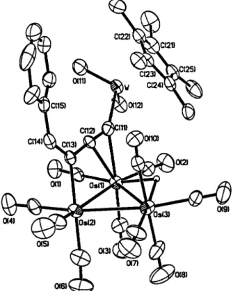 Figure 2. Molecular structure and atomic labeling scheme of the complex Os 3 (CO) 10 (µ-H)(µ-η 3 -C(dCHPh)CtCW(O) 2  -(C 5 Me 5 )) (1b) with thermal ellipsoids shown at the 30%