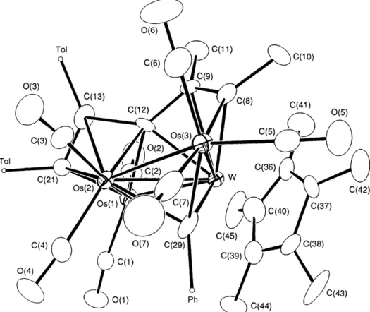 Fig.  2  The  molecular  drawing  of  3b.  Bond  lengths  (A):  Os(l)-Os(2)  2.803(1),  Os(1)-W  2.681(1),  Os(2)-W  2.887(1),  Os(3)-W  2.873(1),  0 ~ ( 2 ) - 0 ~ ( 3 )   2.770(1),  0~(2)-C(29) 2.19(2),  0~(3)-C(29) 2.15(2),  W-C(29)  2.04(2),  0~(3)-C(8)